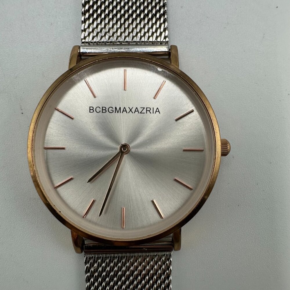 3/$30 BCBGMAXAZRIA Watch Women Rose Gold Tone Case Silver Mesh Band 9.5"